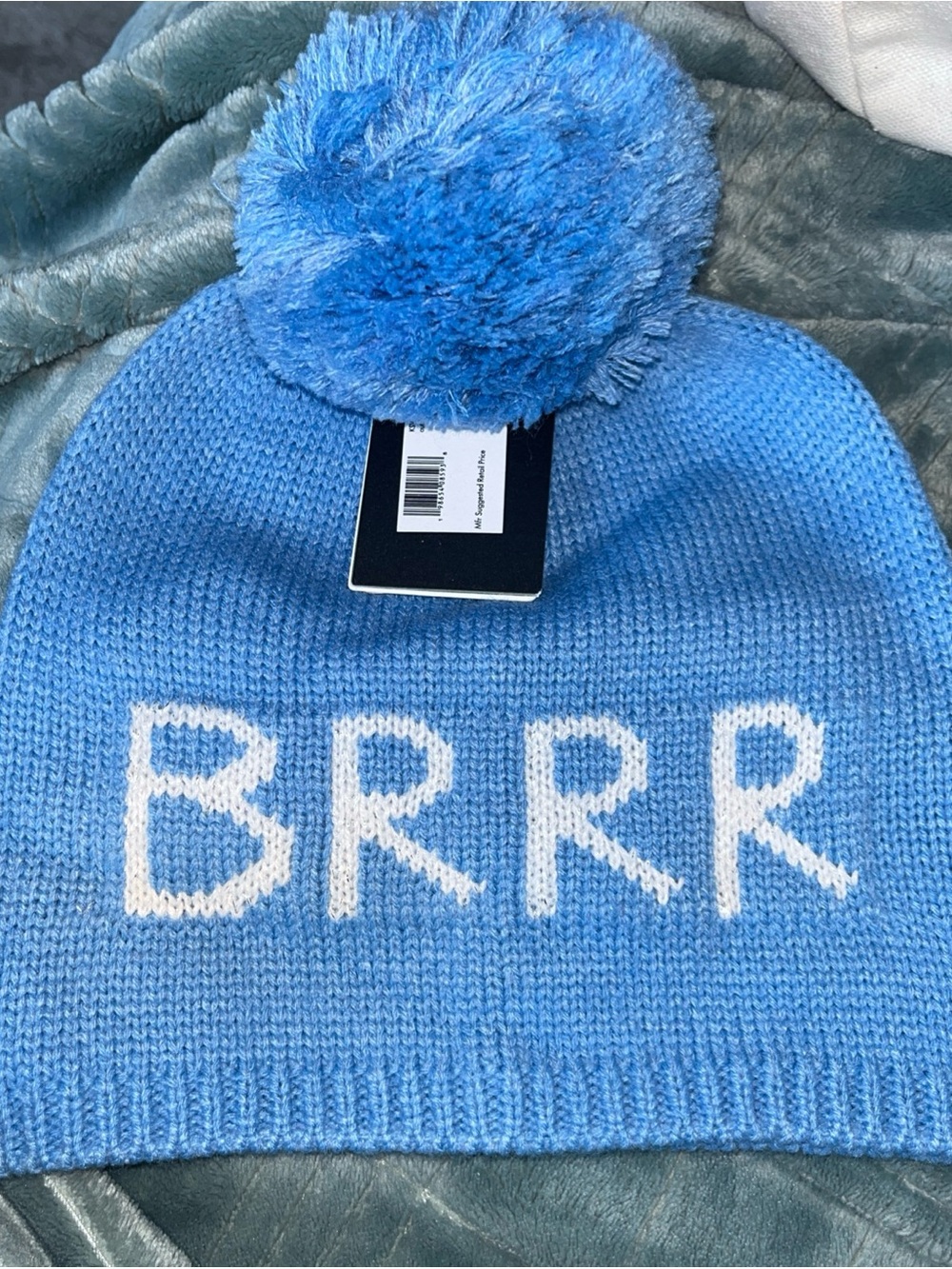 Kate Spade Blue 'BRRR' Pom-Pom Beanie
Metallic thread text One Size